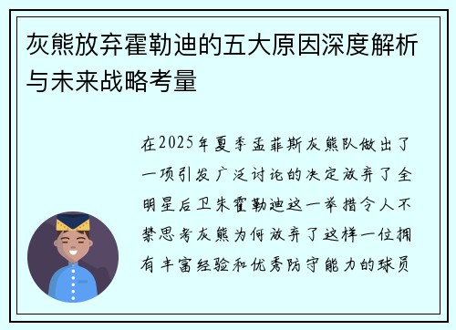 灰熊放弃霍勒迪的五大原因深度解析与未来战略考量 灰熊放弃霍勒迪的五大原因深度解析与未来战略考量